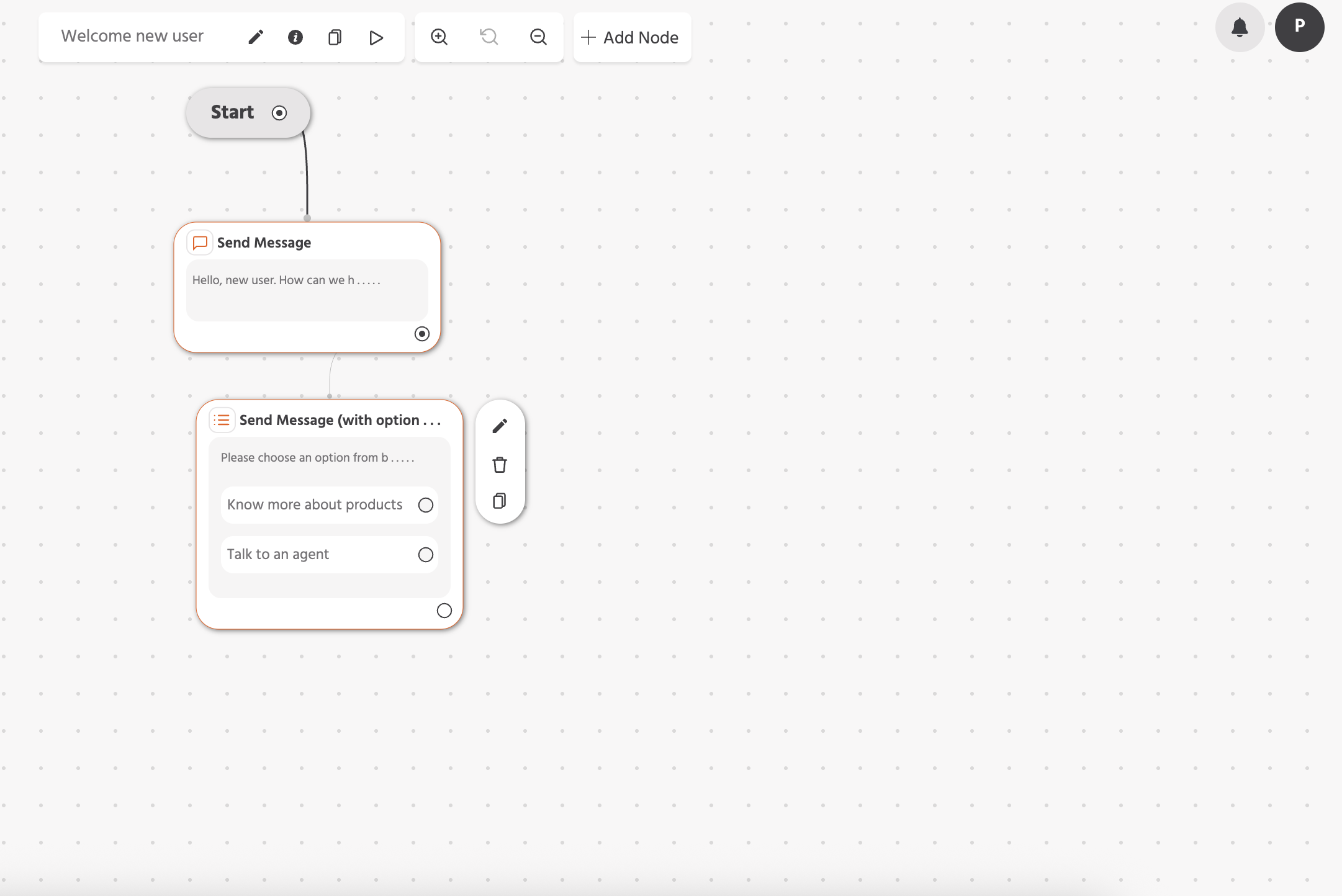 Visual showing a node placed on a canvas that can be dragged and adjusted to organize the layout within a workflow interface.